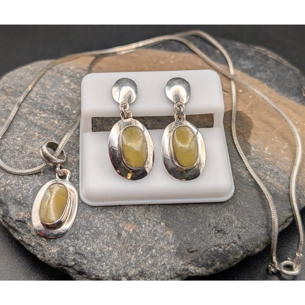 950 Silver Pendant & Earrings Set • Italy 925 Chain • Vintage Cabochon Style